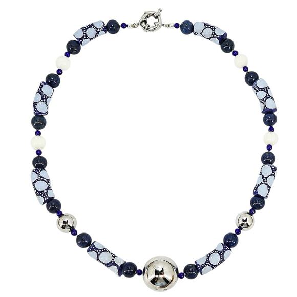 Boho Beaded Necklace UNDYED Lapis Lazuli Cachalong Krobo Stainless Steel 20.5” - Picture 1 of 3
